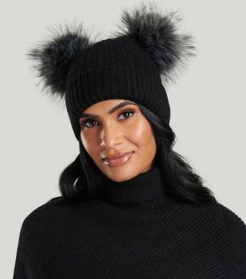 South Beach Black Pom Pom Ribbed Beanie Hat