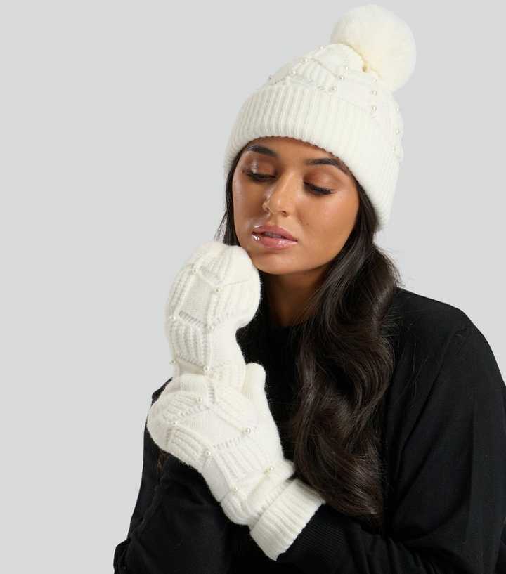 South Beach Cream Embellished Pom Pom Beanie Hat and Mittens New