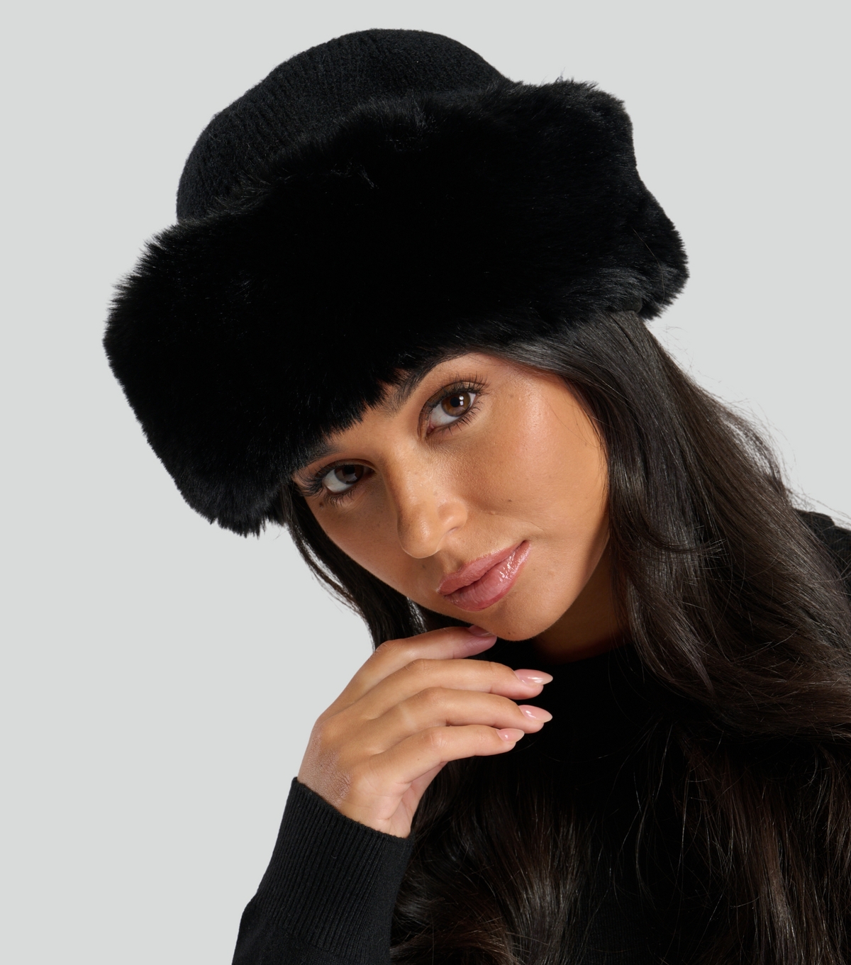 Black Faux Fur Trim Beanie Hat South Beach New Look