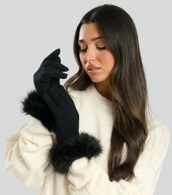 South Beach Black Faux Fur Gloves New Look