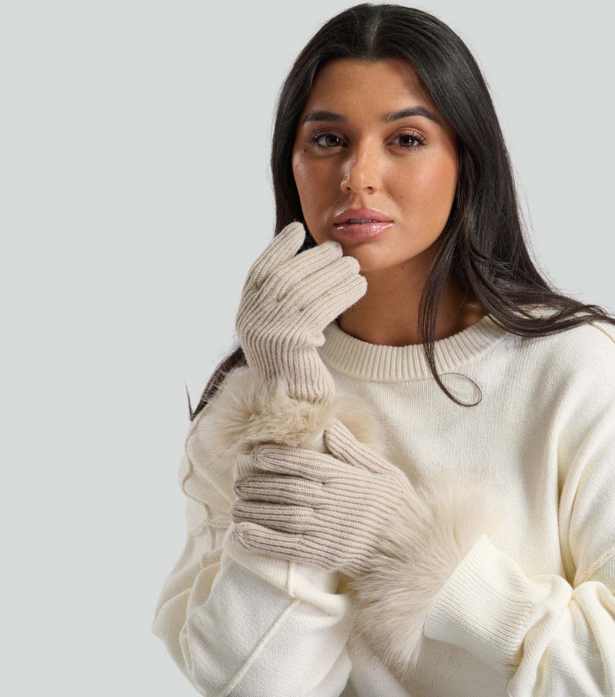 Light Brown Fluffy Ribbed Faux Fur Trim Gloves South Beach New Look