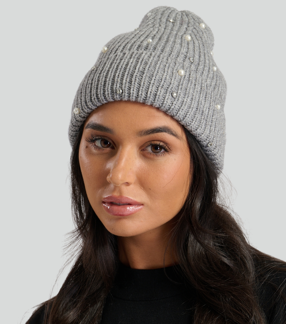 Grey Embellished Ribbed Beanie Hat South Beach New Look