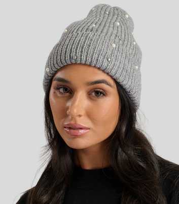 South Beach Grey Embellished Ribbed Beanie Hat 