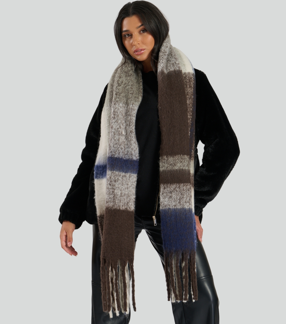 Brown Checked Fluffy Oversized Scarf South Beach New Look