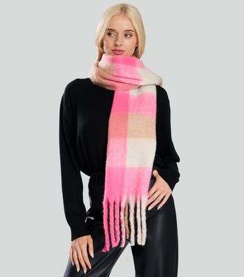 South Beach Pink Checked Fluffy Oversized Scarf New Look