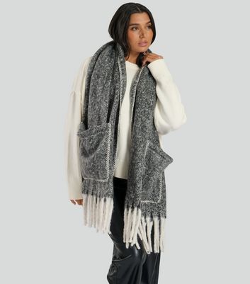 South Beach Grey Fluffy Pocket Scarf New Look