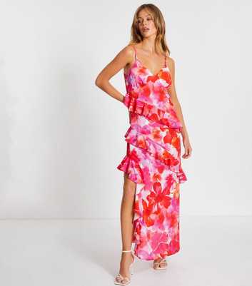 QUIZ Pink Floral Print Frill Detail Maxi Dress