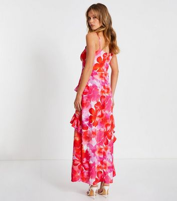 QUIZ Pink Floral Print Frill Detail Maxi Dress New Look