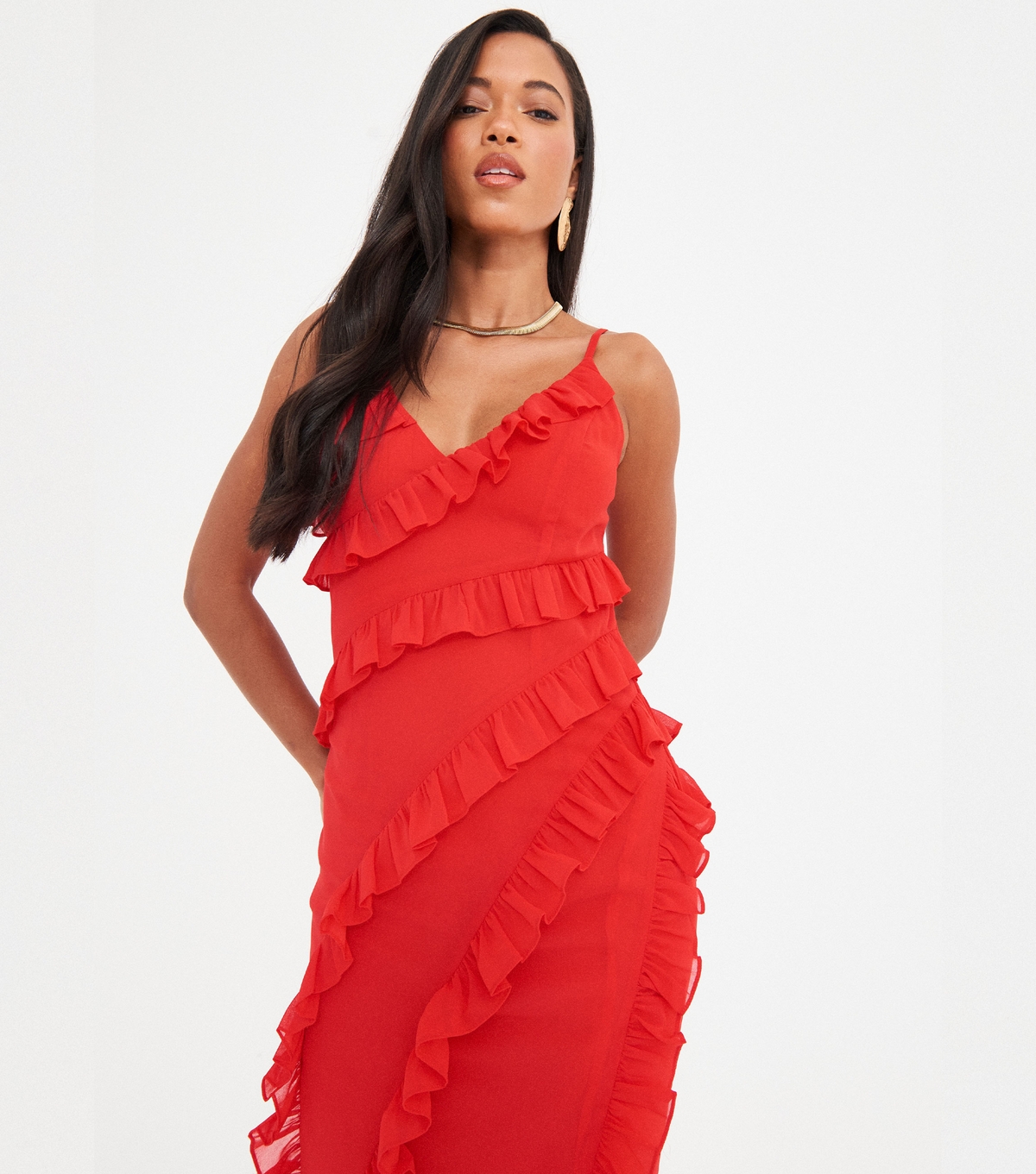 Women's Red Frill Trim Maxi Dress WKNDGIRL New Look