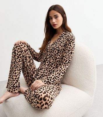 Brown Leopard Print Long Pyjama Set New Look