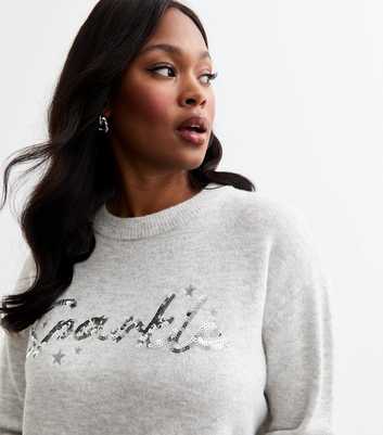 Curves Light Grey Sequinned Sparkle Slogan Jumper