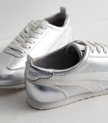 Silver Leather-Look Seam Detail Trainers New Look