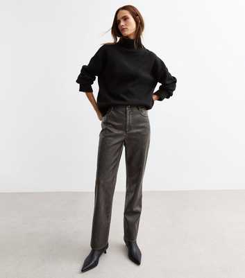 Dark Grey Washed Effect Faux Leather Trousers