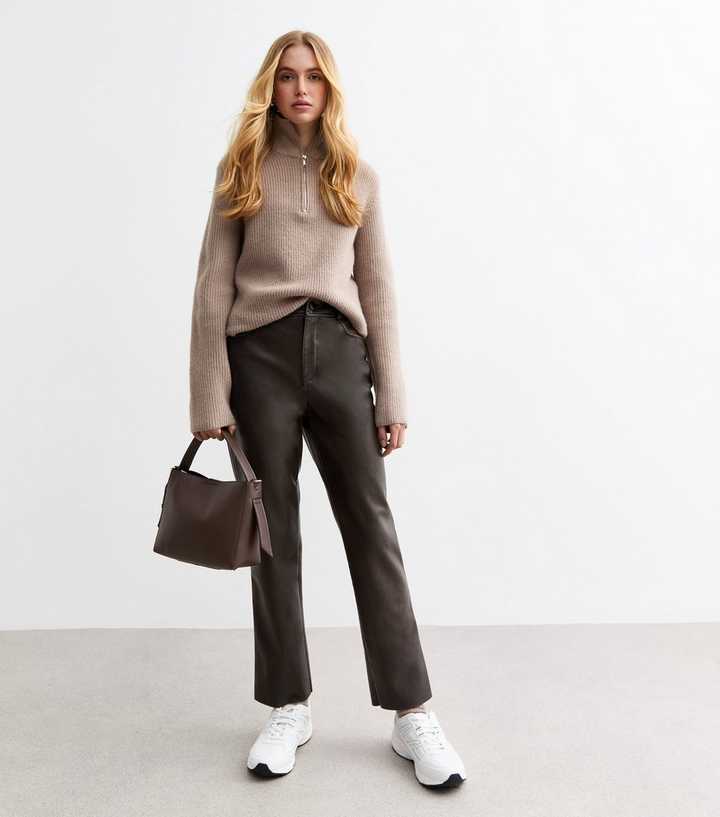 Wide Leg Brown Wet Look Trousers Brown Washed Effect Faux Leather