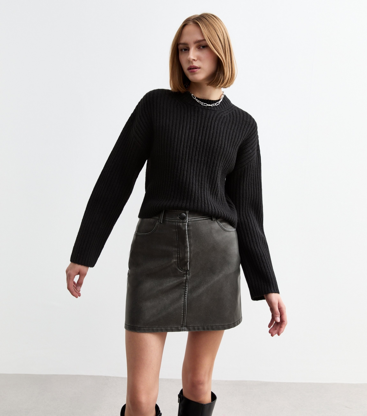 Women's Dark Grey Faux Leather Mini Skirt New Look