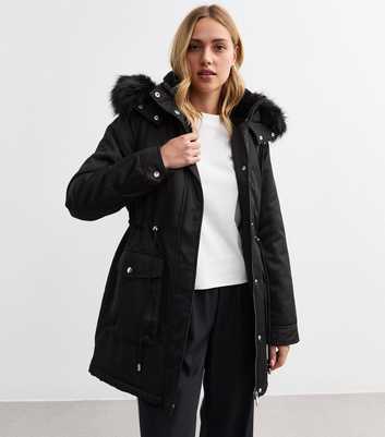 Black Faux Fur Trim Shell Parka