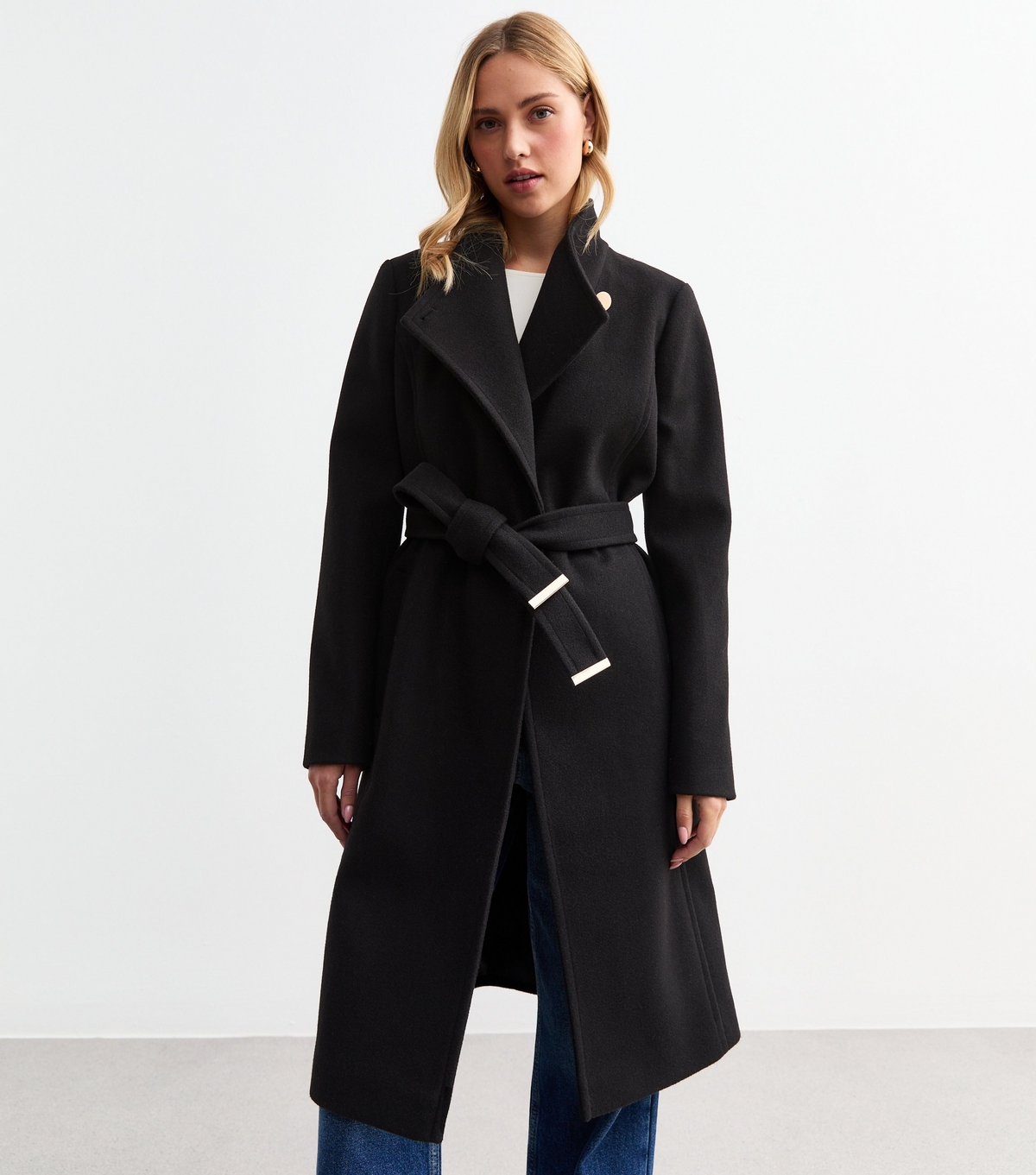 Women's Black Funnel Neck Belted Coat New Look