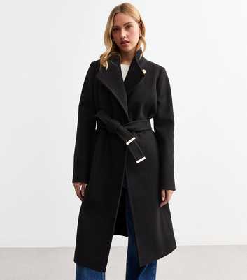 Black Funnel Neck Belted Coat