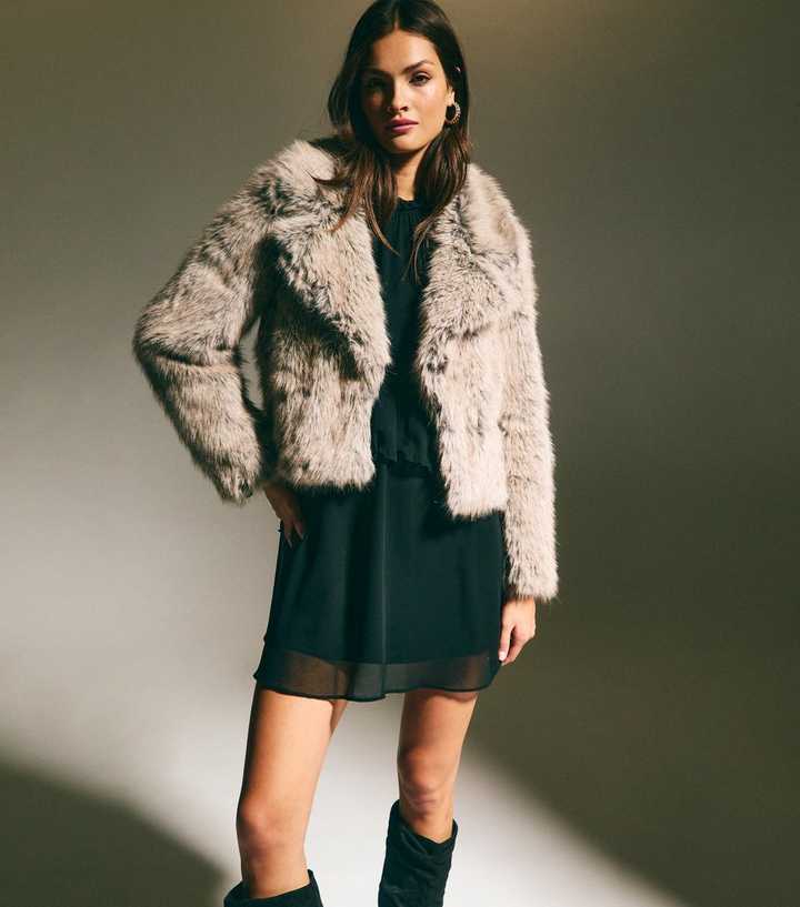 Grey Cropped Faux Fur Jacket 