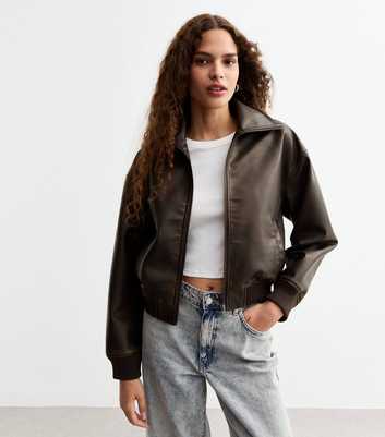 Dark Brown Faux Leather Bomber Jacket