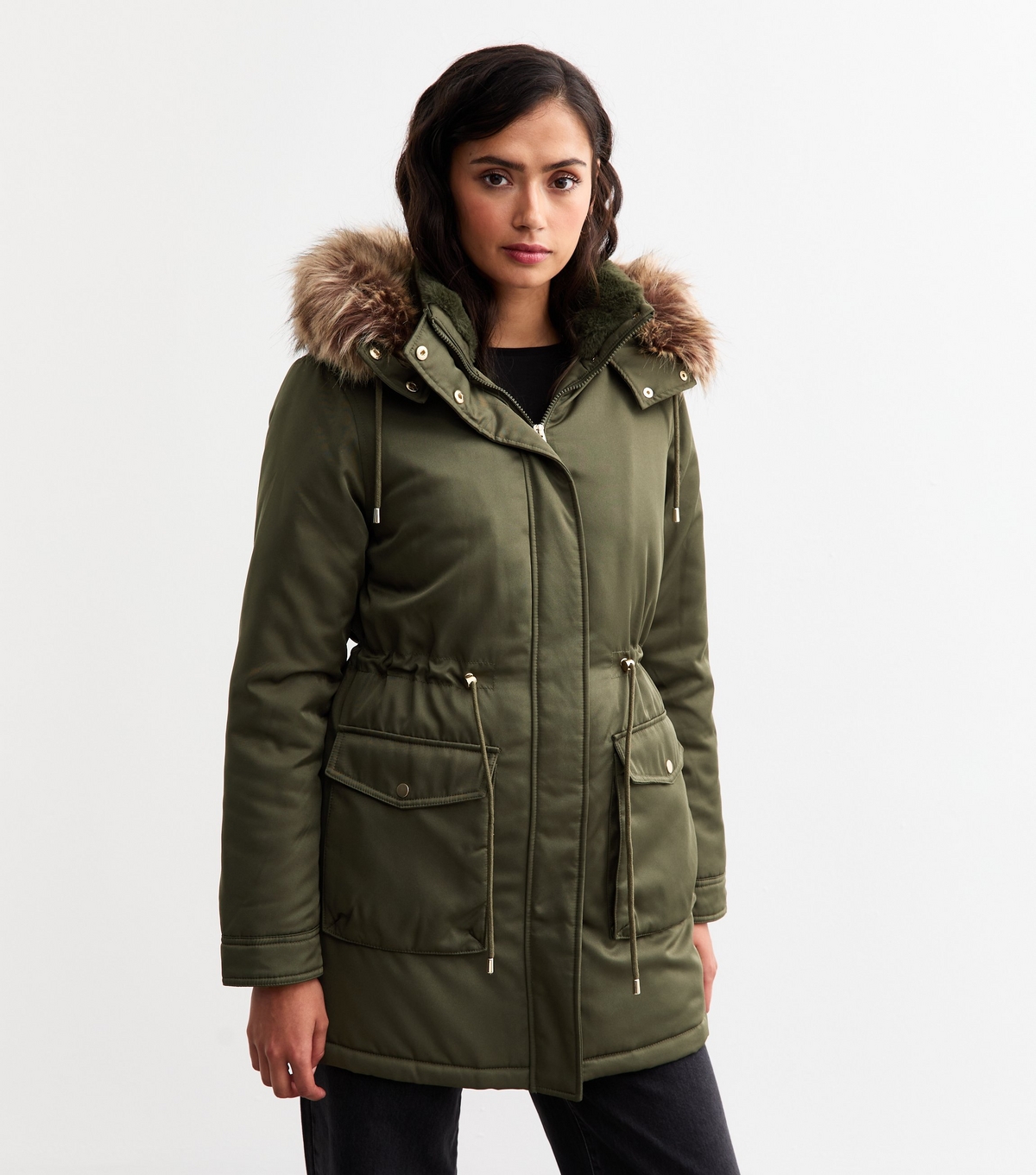 Women's Tall Khaki Faux Fur Trimmed Parka Jacket New Look