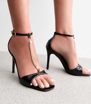 Black Chain Strap Patent Open Toe Court Shoes