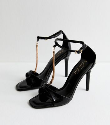 Black Chain Strap Patent Open Toe Court Shoes New Look