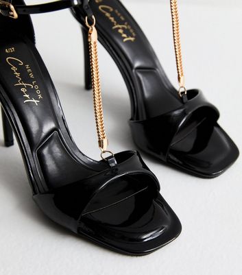 Black Chain Strap Patent Open Toe Court Shoes New Look