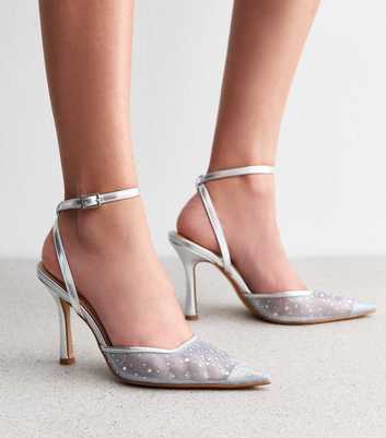 Silver Diamanté Embellished Mesh Open Court Shoes