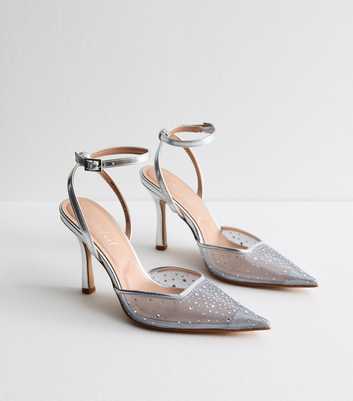 Silver Diamanté Embellished Mesh Open Court Shoes