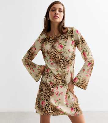Brown Rose Leopard Print Long-Sleeve Mini Dress