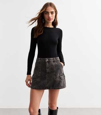 Dark Grey Panelled Denim Mini Skirt