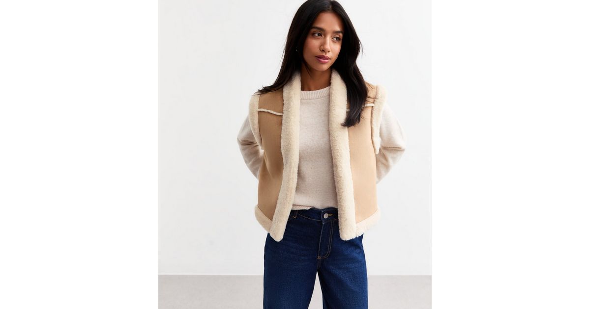 Petite Camel Faux Suede Fur Trimmed Gilet New Look