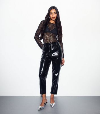 Black Vinyl Coated Raw Hem Straight Leg Trousers