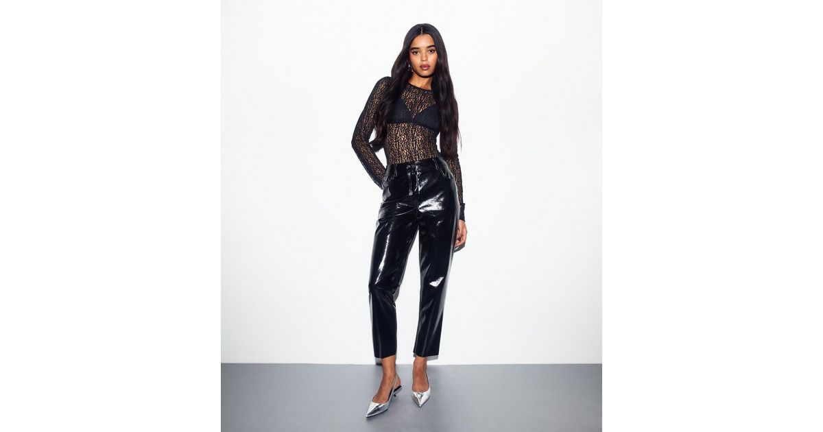Black Vinyl Coated Raw Hem Straight Leg Trousers New Look