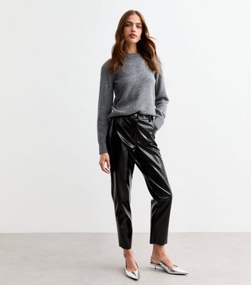 Black Vinyl Coated Raw Hem Straight Leg Trousers