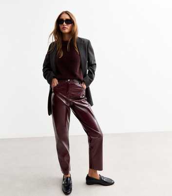 Burgundy Vinyl Coated Raw Hem Straight Leg Trousers