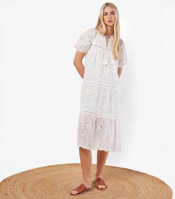 Apricot White Embroidered Cotton Midi Dress