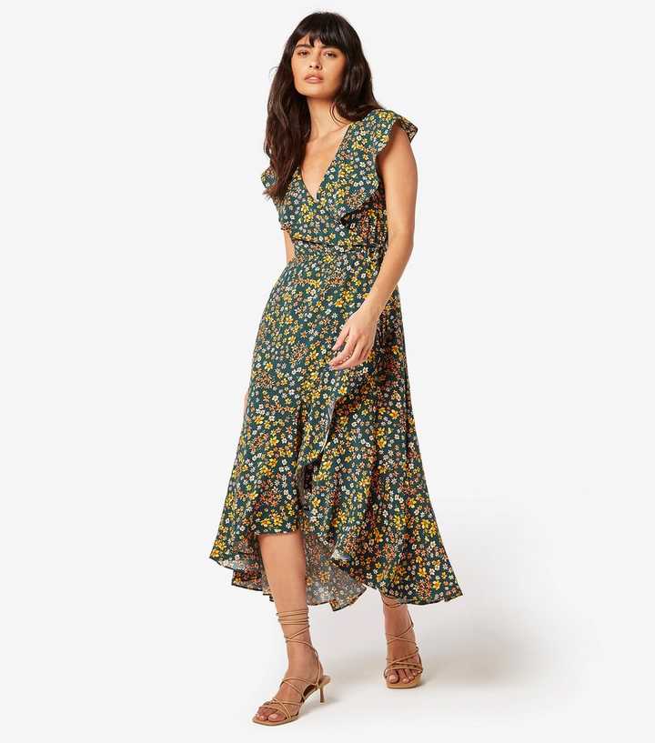 Apricot Green Ditsy-Floral Wrap Dress