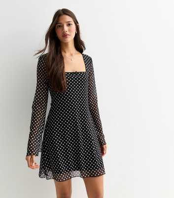 Black Polka Dot Print Square Neck Mini Dress