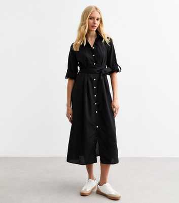 Black Tie Waist Midi Shirt Dress