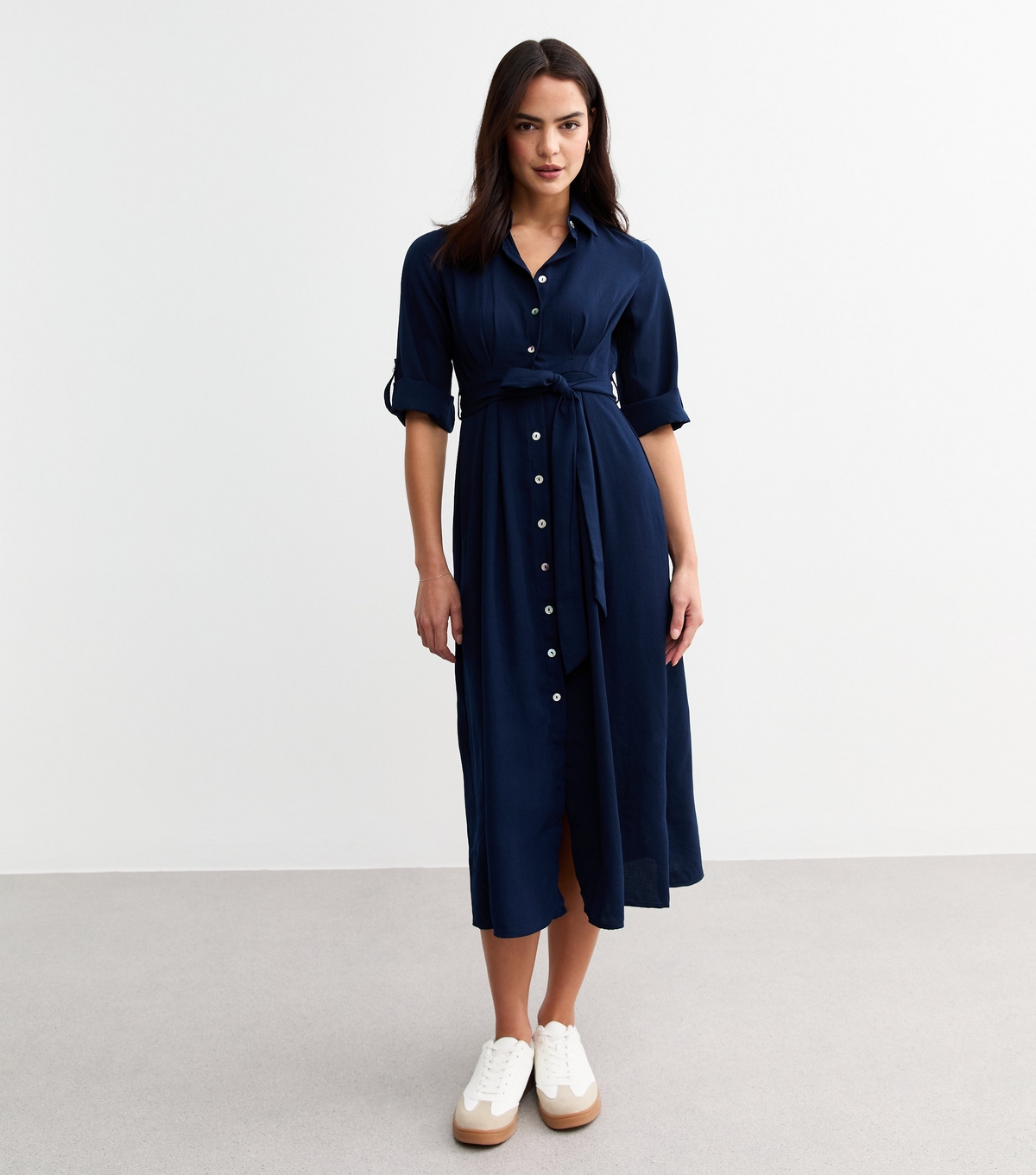 Women's Navy Tie Waist Midi Shirt Dress New Look