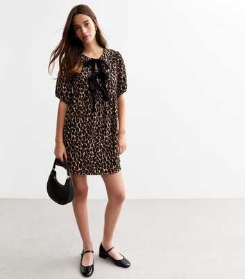 Brown Tie Bows Leopard Print Mini Smock Dress