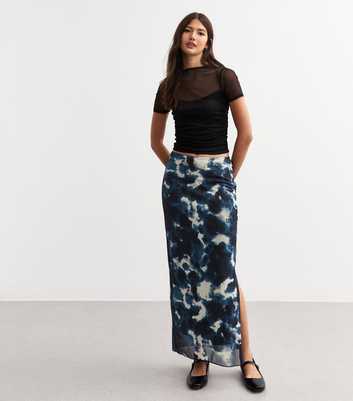 Blue Abstract Print Ruched Mesh Midi Skirt