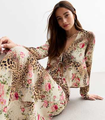 Brown Rose Leopard Print Midi Skirt 