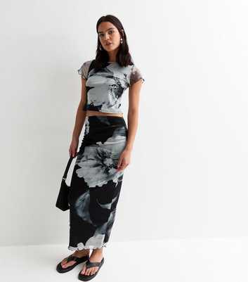 Black Floral-Print Mesh Midi Skirt