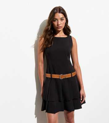 Cameo Rose Black Pleated Belted Mini Pinafore Dress