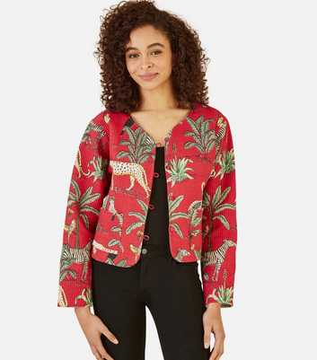 Yumi Red Cotton Animal Print Reversible Jacket