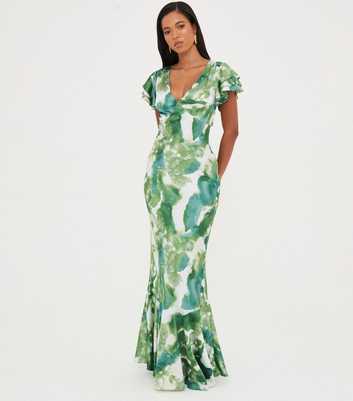 WKNDGIRL Green Abstract Print Ruffle Maxi Dress