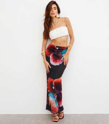 WKNDGIRL Red Floral Print Mesh Maxi Skirt